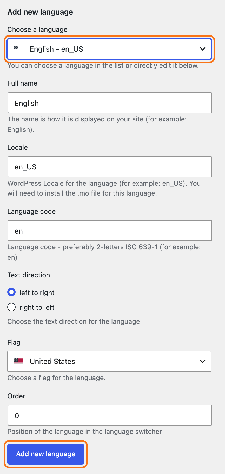 Polylang Languages, Add new language: English - en_US picked in Choose a language, which fills Full name, Locale, Language code and Flag below, and the Add new language button, both outlined in orange