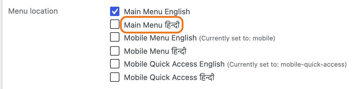 Appearance > Menus, Menu Settings, Menu location: each Foxiz location listed once per language, Main Menu English ticked and Main Menu हिन्दी outlined in orange