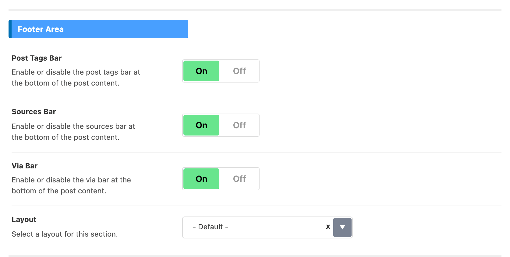 The Footer Area group of Theme Options > Single Post > Post Content Area: Post Tags Bar, Sources Bar and Via Bar on, and Layout on - Default -