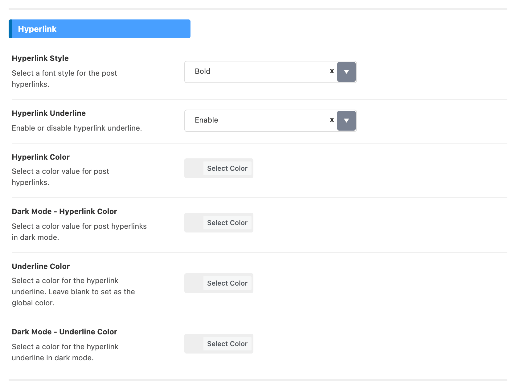 The Hyperlink group of Theme Options > Single Post > Post Content Area: Hyperlink Style on Bold, Hyperlink Underline on Enable, and the four colour fields empty