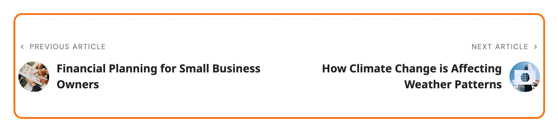 The Next/Prev Post Pagination links at the end of a post, outlined in orange: Previous Article with the earlier post's title on the left, Next Article with the later post's title on the right