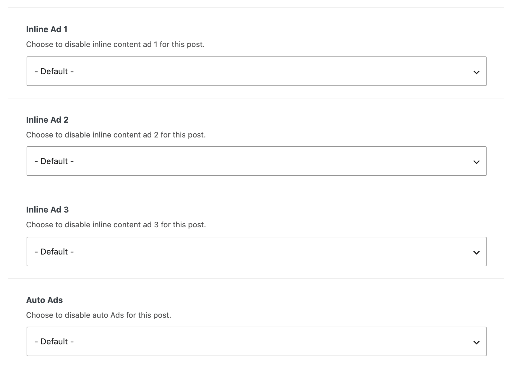 The lower half of the same tab: Inline Ad 1, Inline Ad 2, Inline Ad 3 and Auto Ads