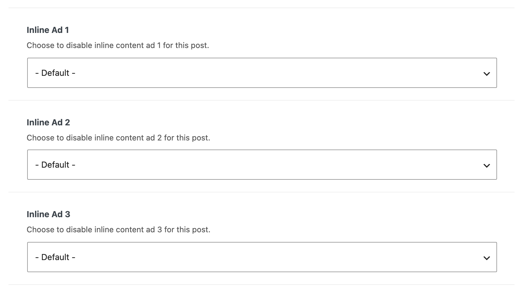 Inline Ad 1, Inline Ad 2 and Inline Ad 3 on the Widgets & Ads tab of a post's Single Post Settings, each on - Default -