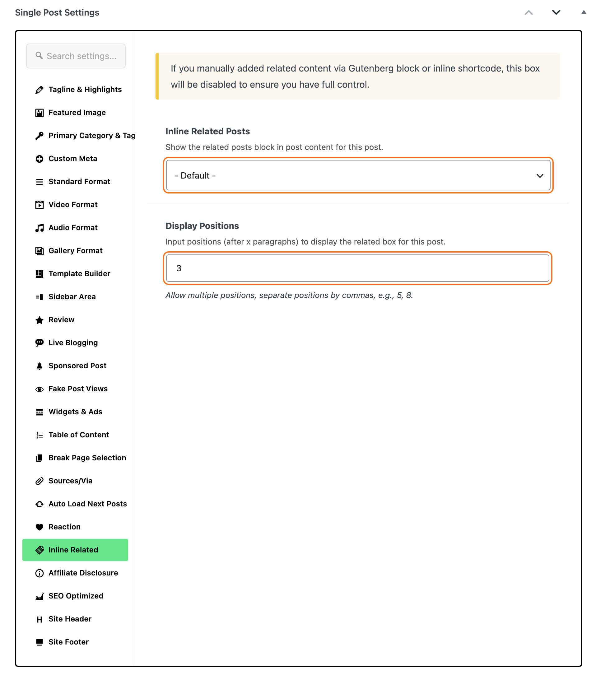 The Inline Related tab of the Single Post Settings box on a post's edit screen, with Inline Related Posts on - Default - and 3 in Display Positions, both outlined in orange
