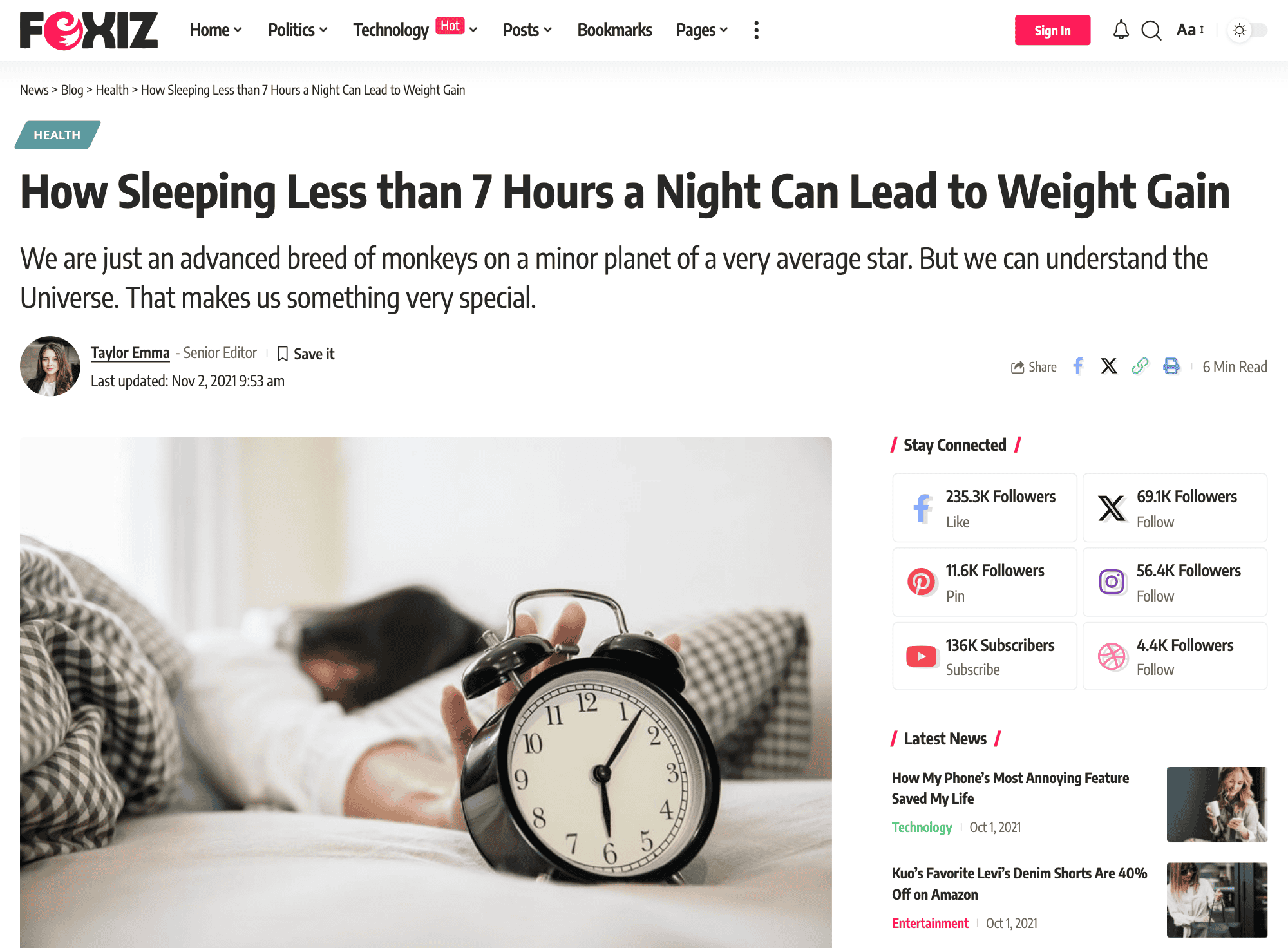 The top of a single post on the Default demo in Layout 1: breadcrumb, Health label, title, tagline and the meta bar across the full width, then the featured image at content width with the sidebar beside it
