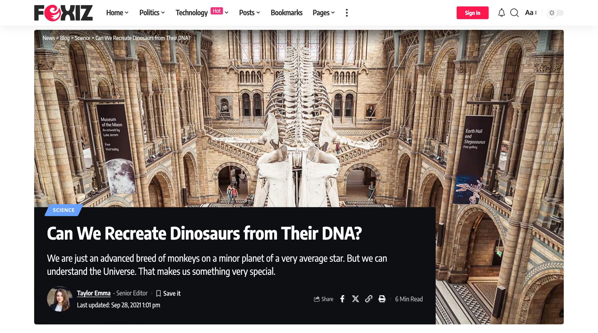 The top of a single post on the Default demo in Layout 4: a wide featured image with the breadcrumb on it, and a dark box overlapping its lower left corner holding the Science label, the title, the tagline and the meta bar