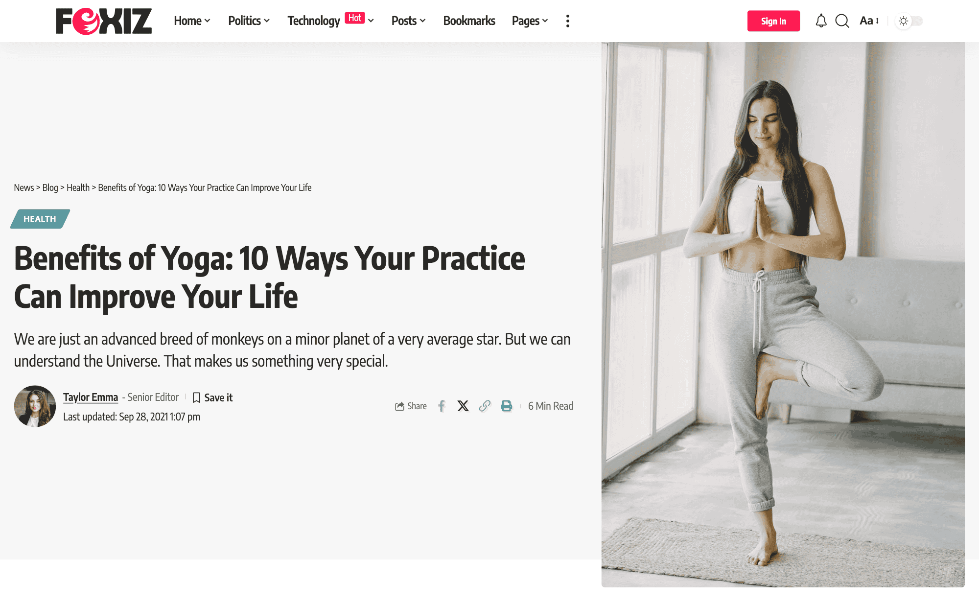 The top of a single post on the Default demo in Layout 6: the breadcrumb, Health label, title, tagline and meta bar on a grey panel on the left, and a tall upright featured image filling the right of the header