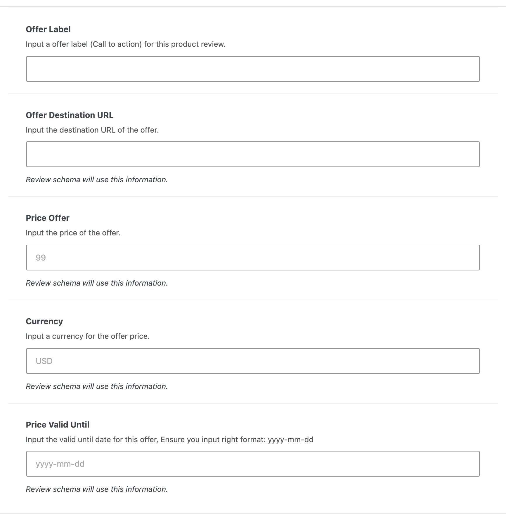 The offer fields at the foot of the Review tab: Offer Label, Offer Destination URL, Price Offer, Currency and Price Valid Until