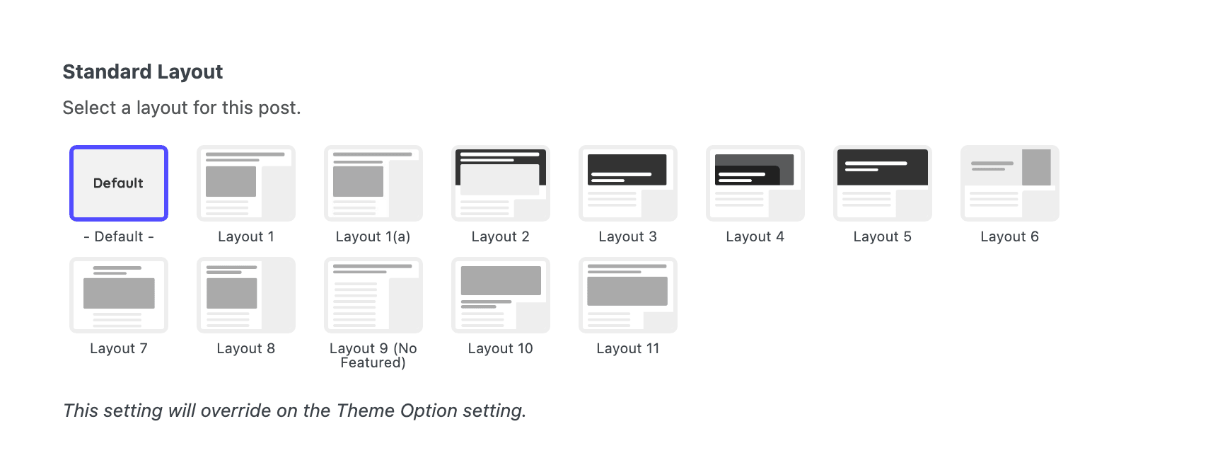 The Standard Format tab of Single Post Settings, with Standard Layout reading - Default -