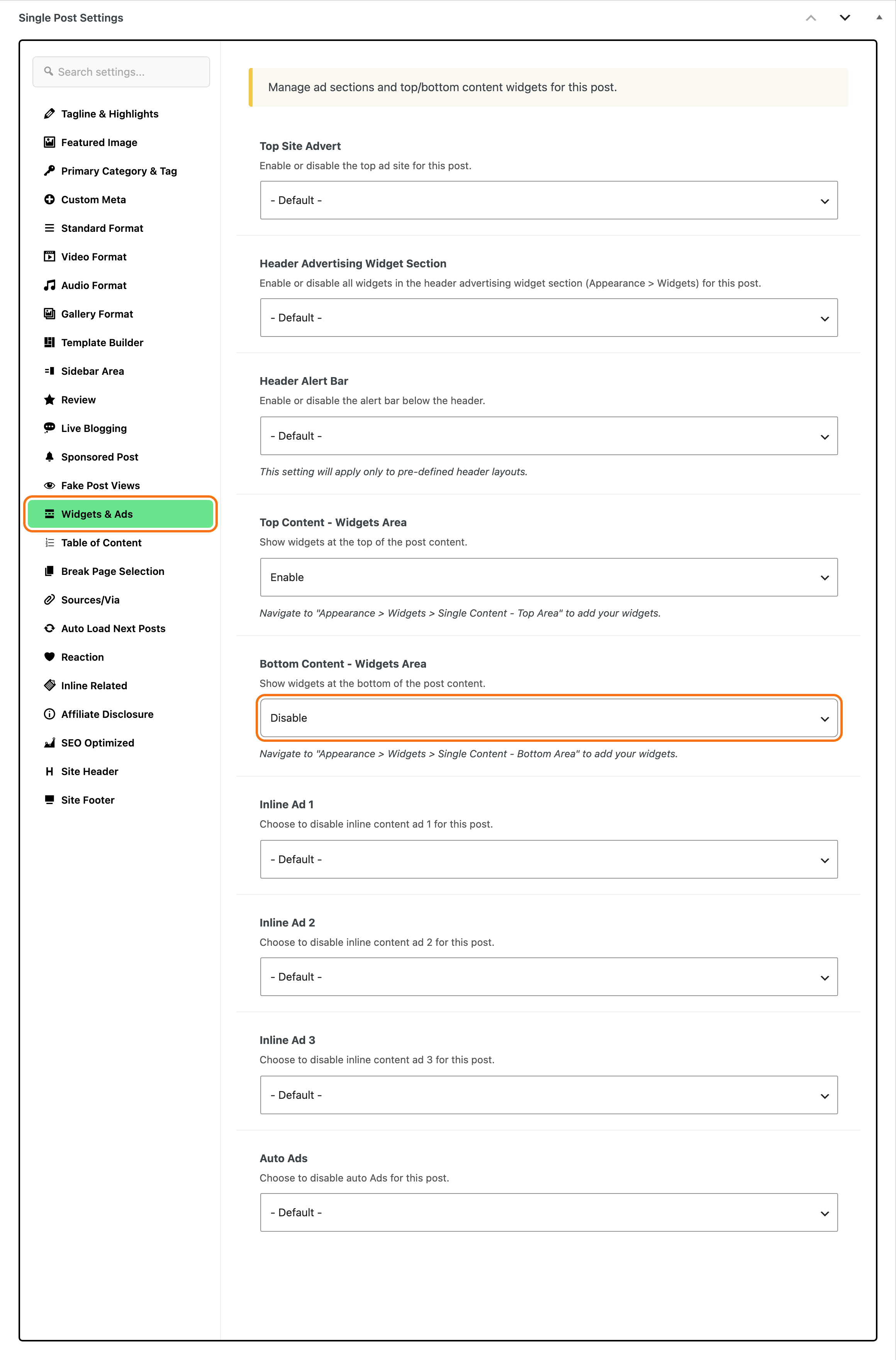 The Single Post Settings box on a post, with the Widgets & Ads tab selected in the tab list and Bottom Content - Widgets Area set to Disable, both outlined in orange.
