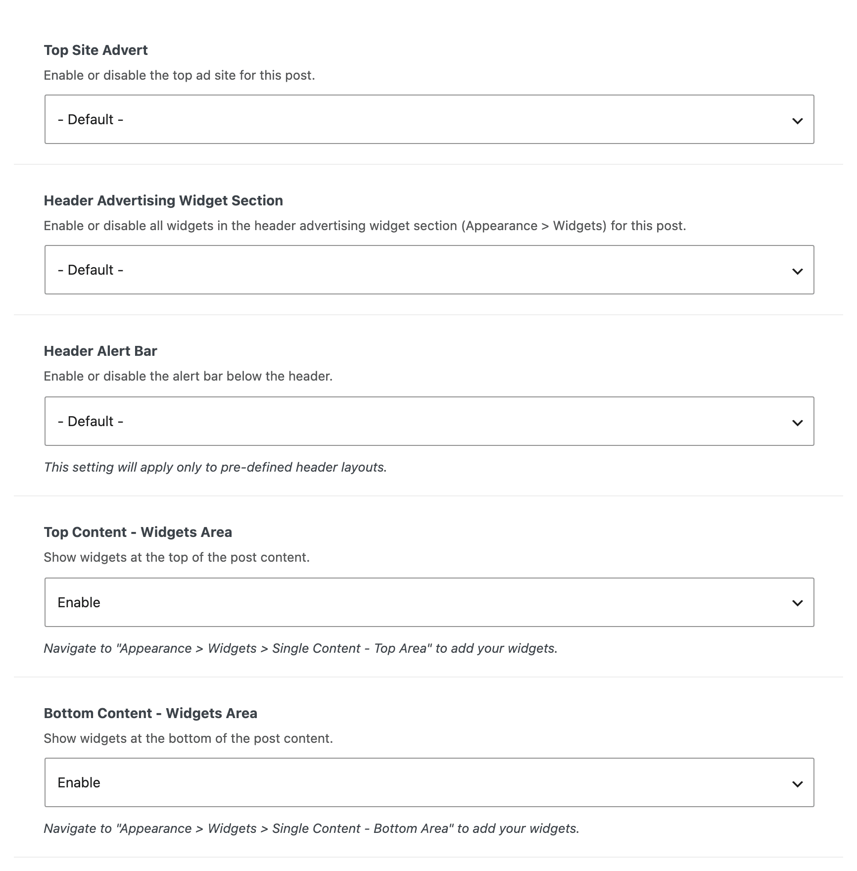 The top of Single Post Settings > Widgets & Ads on a post: Top Site Advert, Header Advertising Widget Section, Header Alert Bar and the two content widget areas