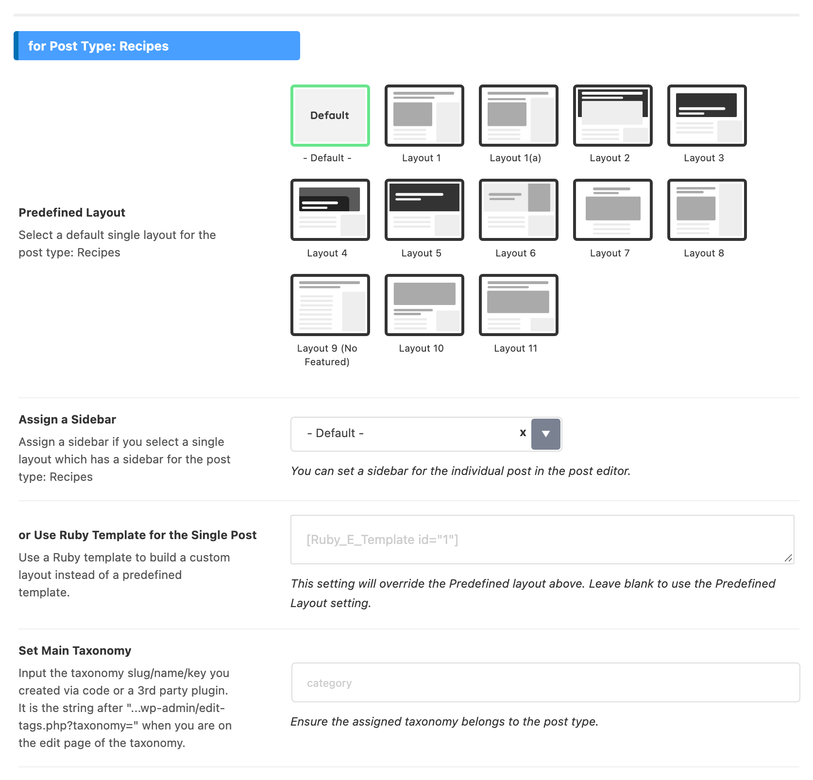 The for Post Type: Recipes section Foxiz adds for a new post type, every field still at its default