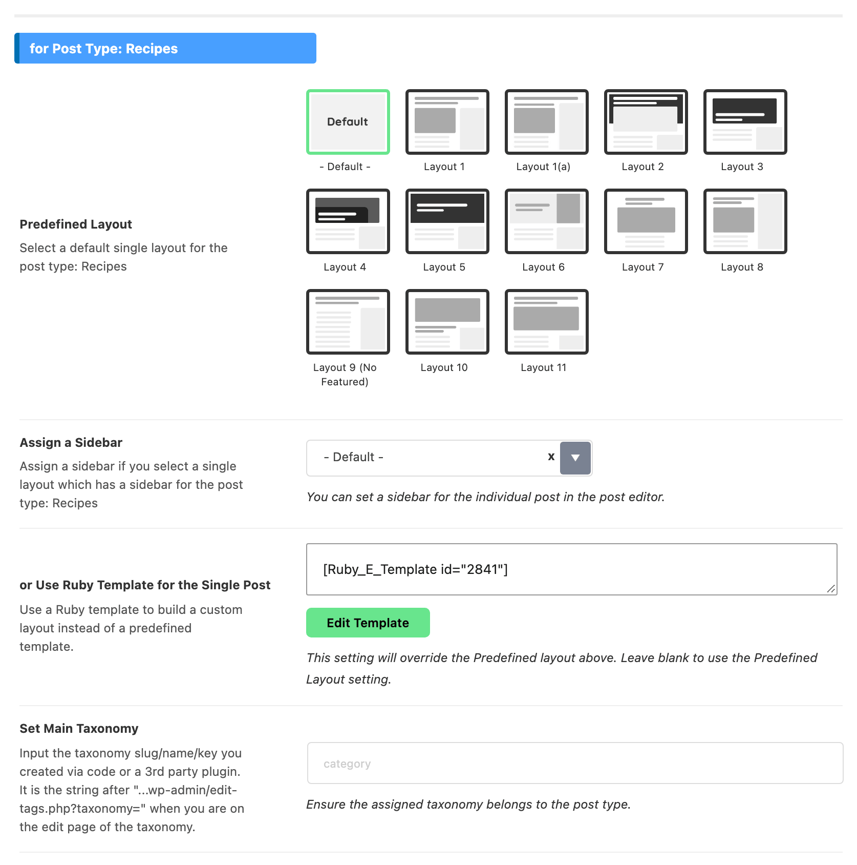 The for Post Type: group Foxiz adds for a registered custom post type, with its own layout, shortcode and Set Main Taxonomy fields