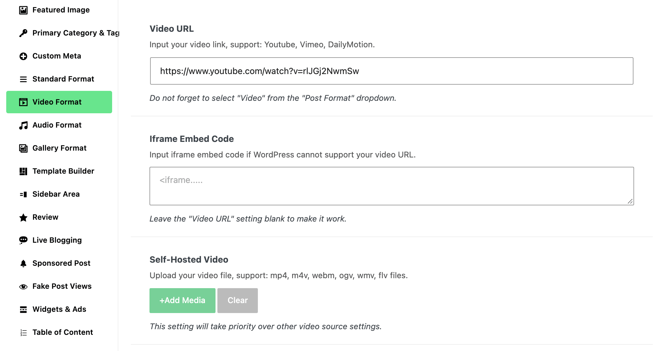 The Video Format tab of the Foxiz settings box on a video post, with its first three fields: Video URL, Iframe Embed Code and Self-Hosted Video