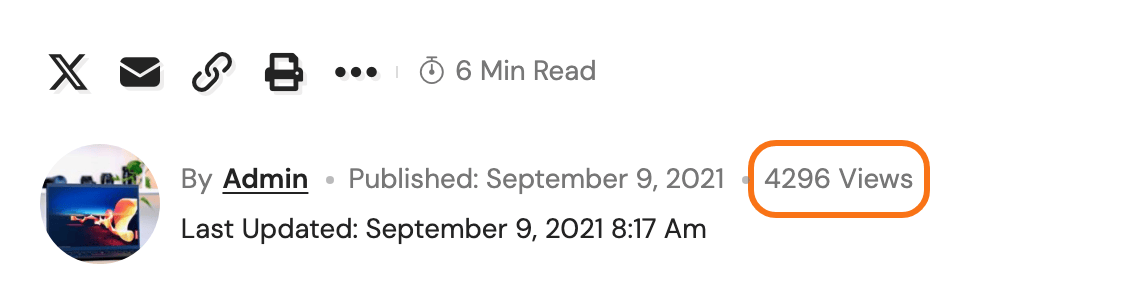 The meta row under a post title on a Foxiz site: By Admin, Published: September 9, 2021 and 4296 Views, the view count outlined in orange