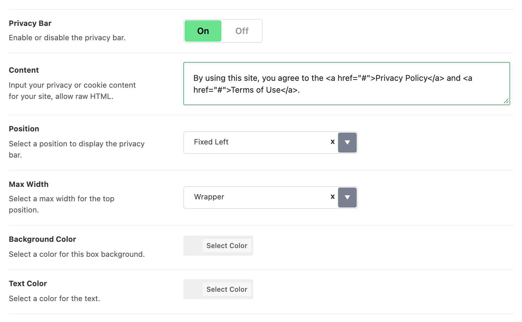 The Privacy Notice panel with Privacy Bar switched On, revealing Content, Position, Max Width, Background Color and Text Color