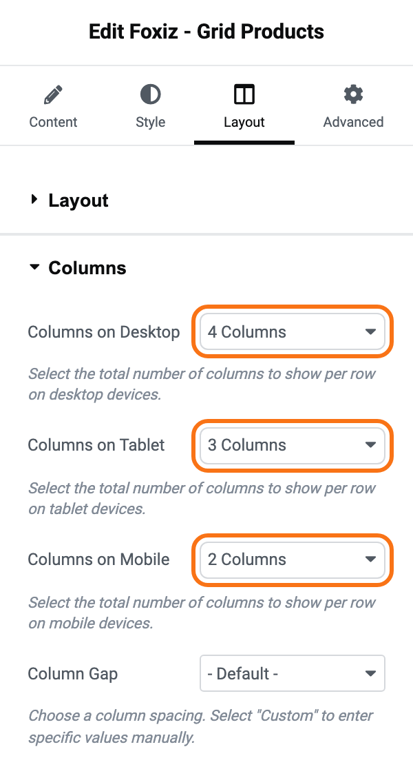 The Columns section on the Layout tab of Foxiz - Grid Products: Columns on Desktop 4 Columns, Columns on Tablet 3 Columns and Columns on Mobile 2 Columns, each outlined in orange, above Column Gap