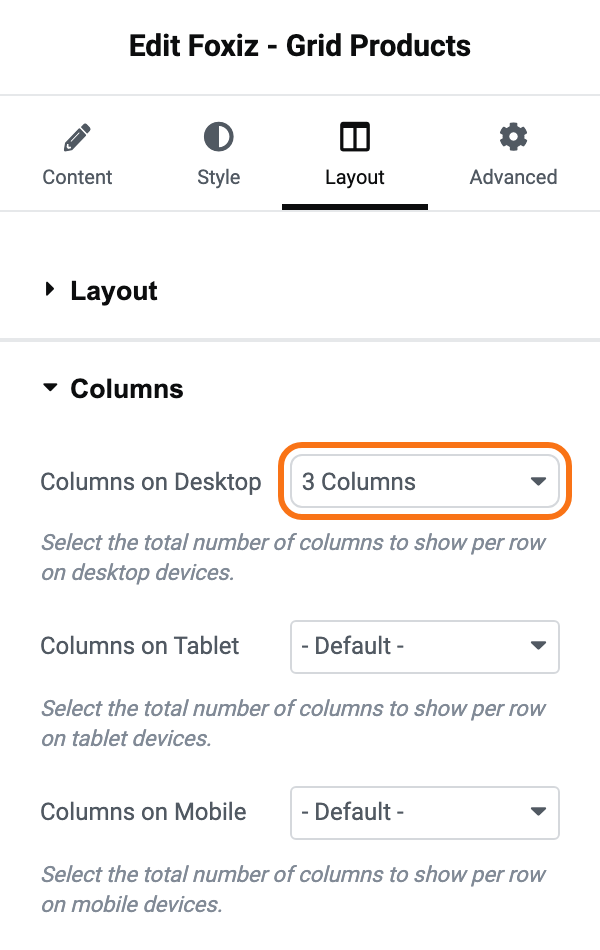 The Layout tab of Foxiz - Grid Products with its Columns section open: Columns on Desktop on 3 Columns, outlined in orange, and Columns on Tablet and Columns on Mobile left on their defaults