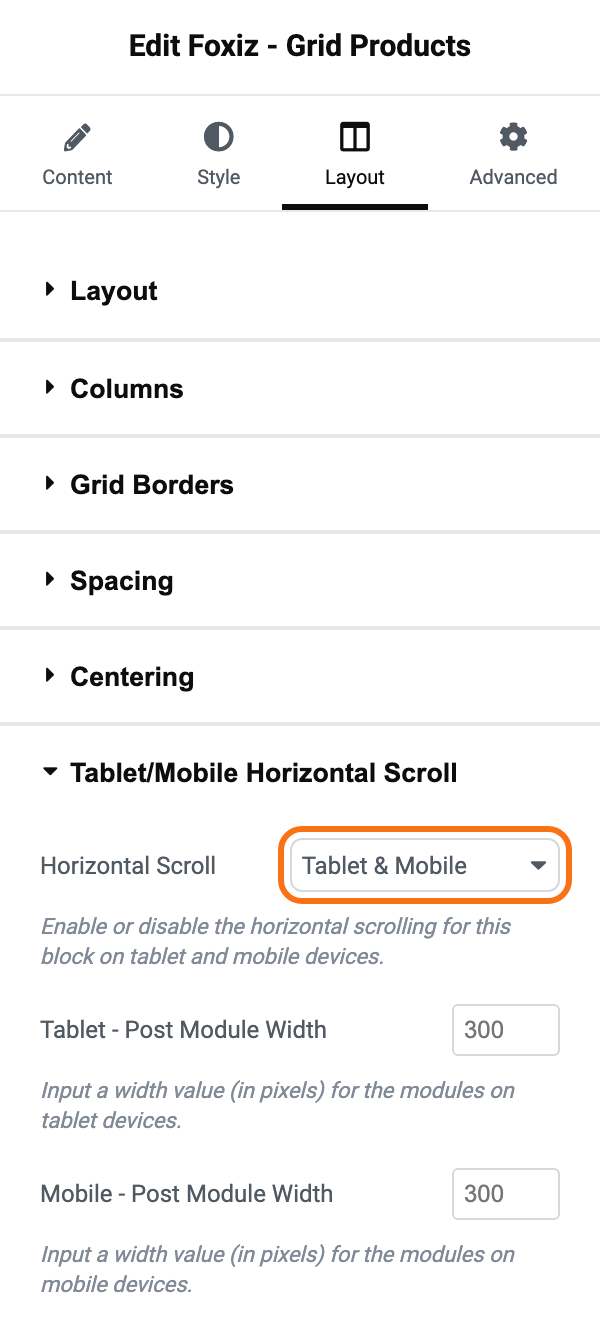 The Tablet/Mobile Horizontal Scroll section on the Layout tab of Foxiz - Grid Products: Horizontal Scroll on Tablet & Mobile, outlined in orange, and Tablet - Post Module Width and Mobile - Post Module Width empty with their 300 hint