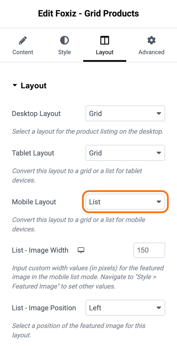 The Layout section on the Layout tab of Foxiz - Grid Products with Mobile Layout set to List, outlined in orange, which reveals List - Image Width (empty, 150 hint) and List - Image Position on Left