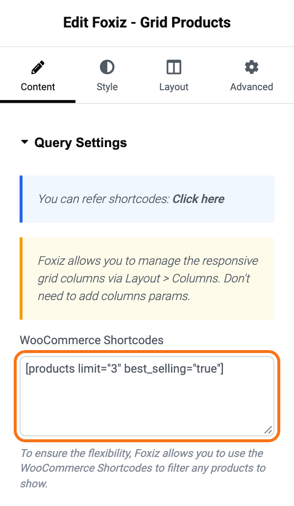 The Query Settings section of Foxiz - Grid Products with [products limit="3" best_selling="true"] in WooCommerce Shortcodes, outlined in orange
