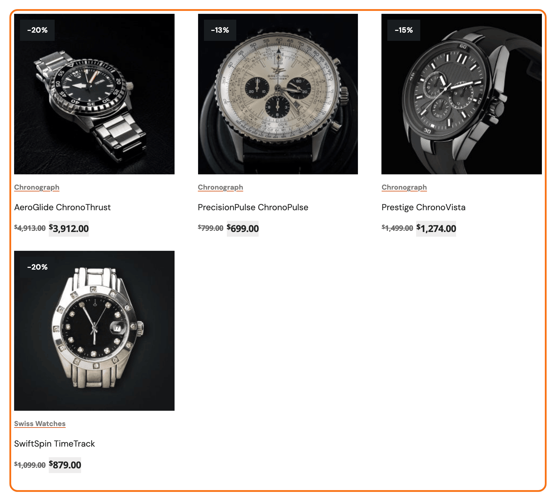 What [products limit="4" on_sale="true"] prints on a page, outlined in orange: four products on sale as Foxiz product cards, three to a row and the fourth below, each with its sale label, category, name, and the struck through regular price beside the sale price