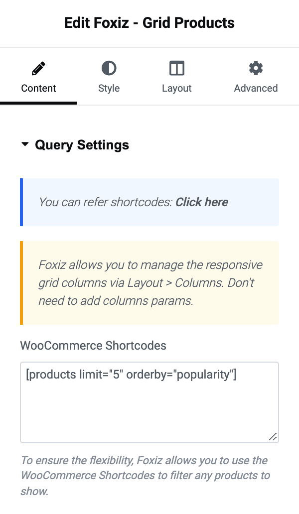 The Query Settings section of Foxiz - Grid Products, with a WooCommerce shortcode typed into the WooCommerce Shortcodes field