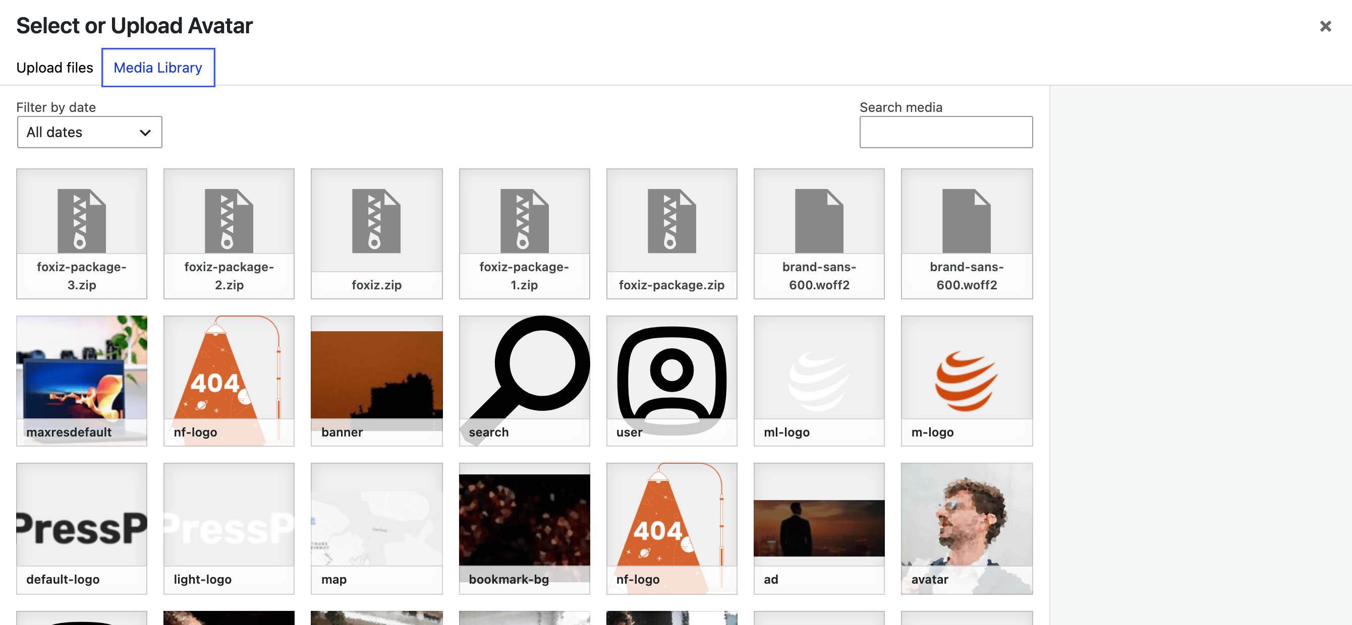 The Select or Upload Avatar modal on its Media Library tab, showing the images already in the library