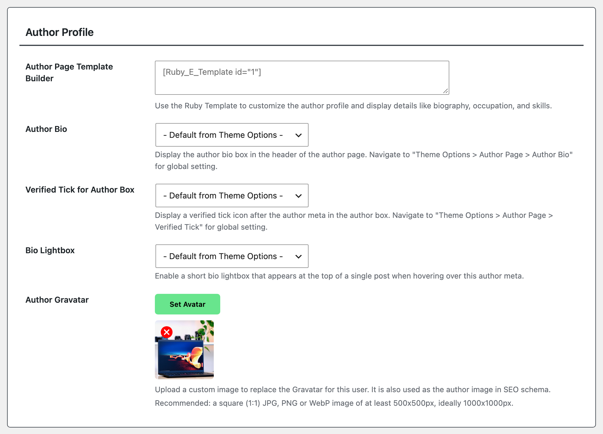 The same Author Profile table after picking an image: the Author Gravatar row shows a thumbnail under the Set Avatar button, with a red remove icon on its corner