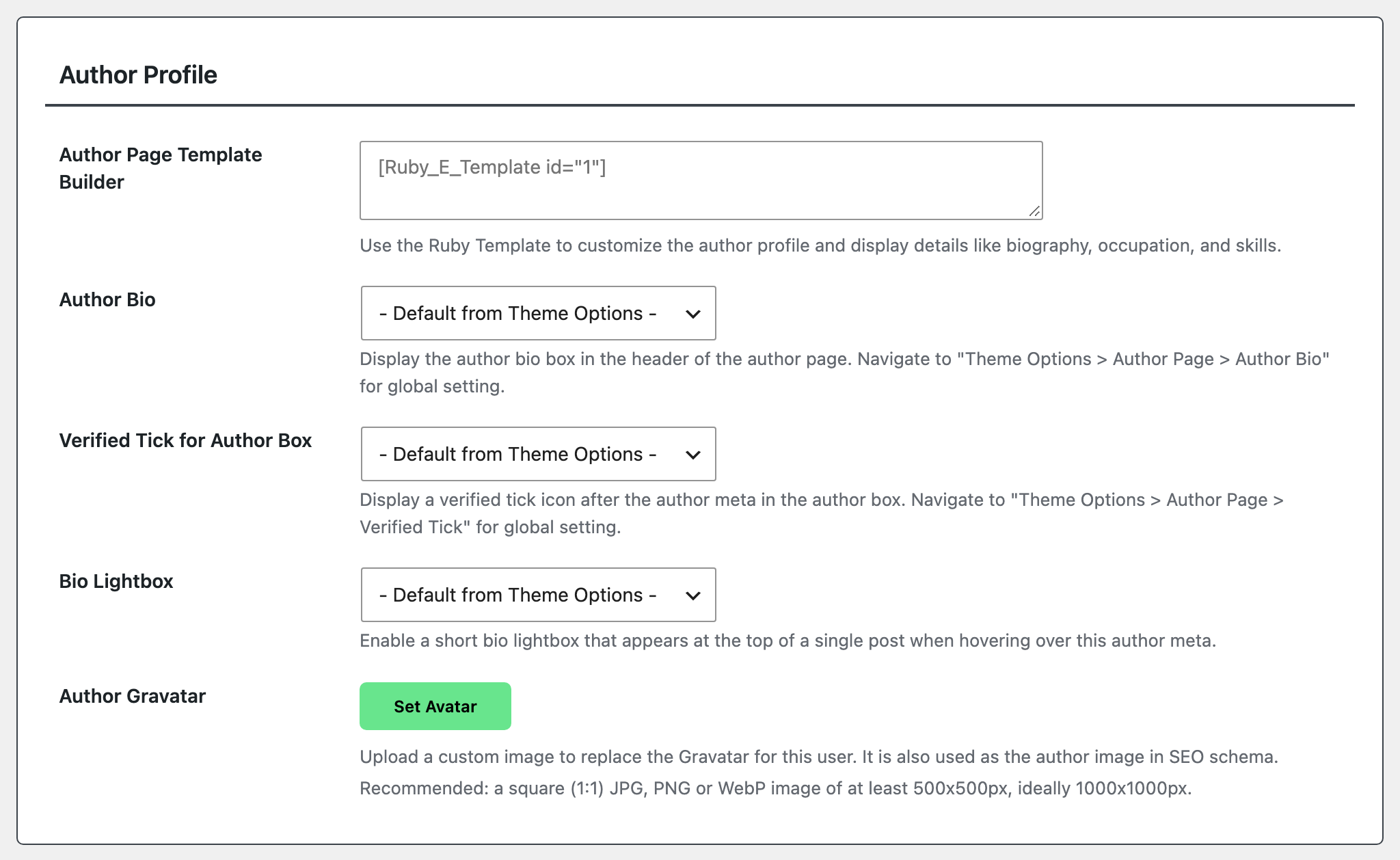 The Author Profile table on Rosa Klein's edit screen, ending in the Author Gravatar row: a Set Avatar button with no image yet, and the two notes about replacing the Gravatar and the recommended square 500x500px to 1000x1000px image