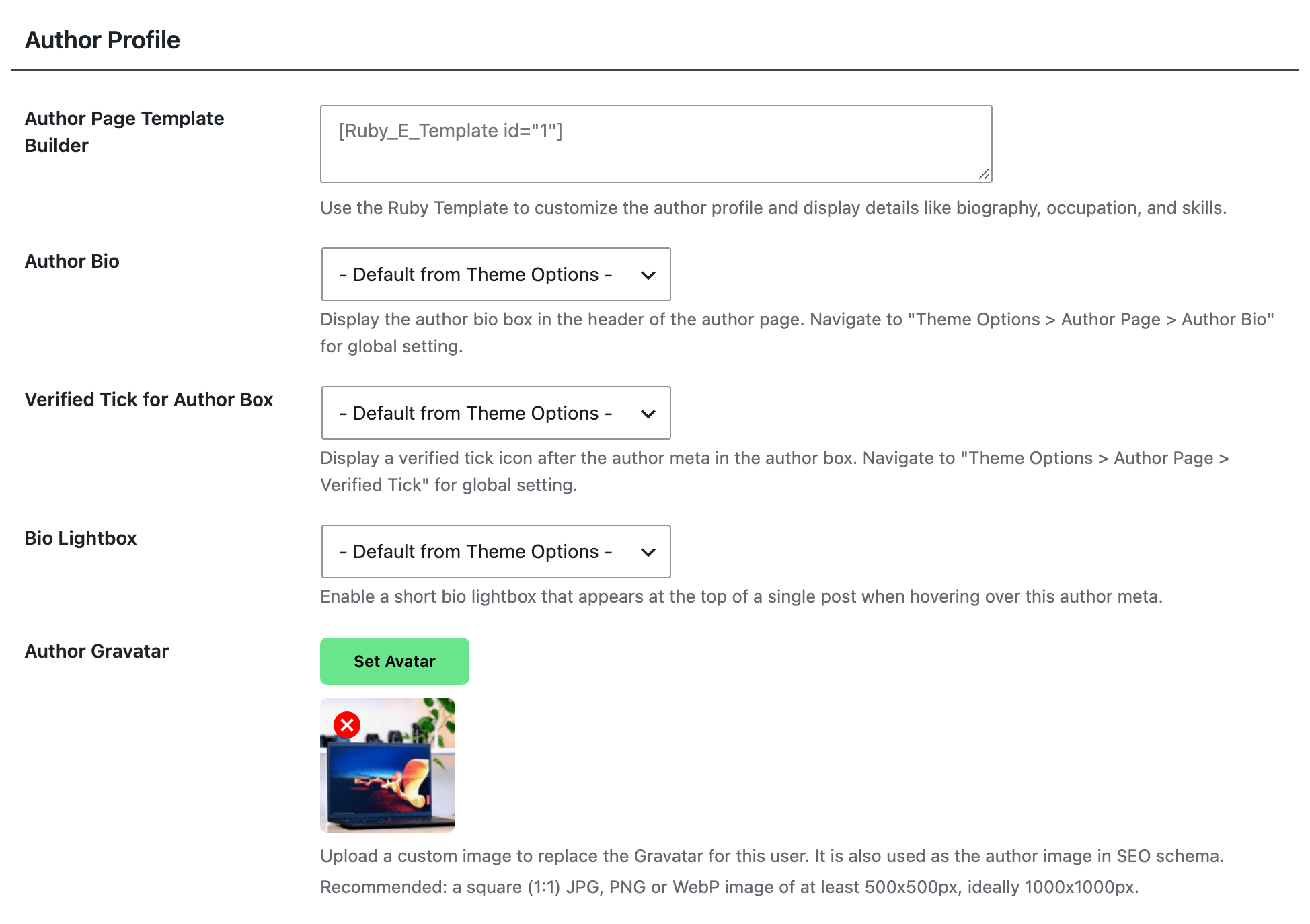 The Author Profile table with the Author Gravatar row and its Set Avatar button