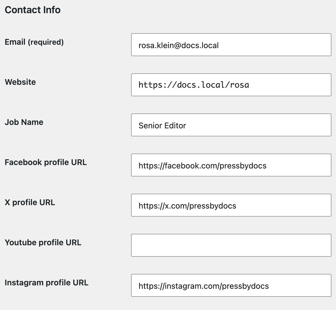 The Contact Info section of a user's profile, with Job Name filled in and the Facebook, X and Instagram profile URL fields below it