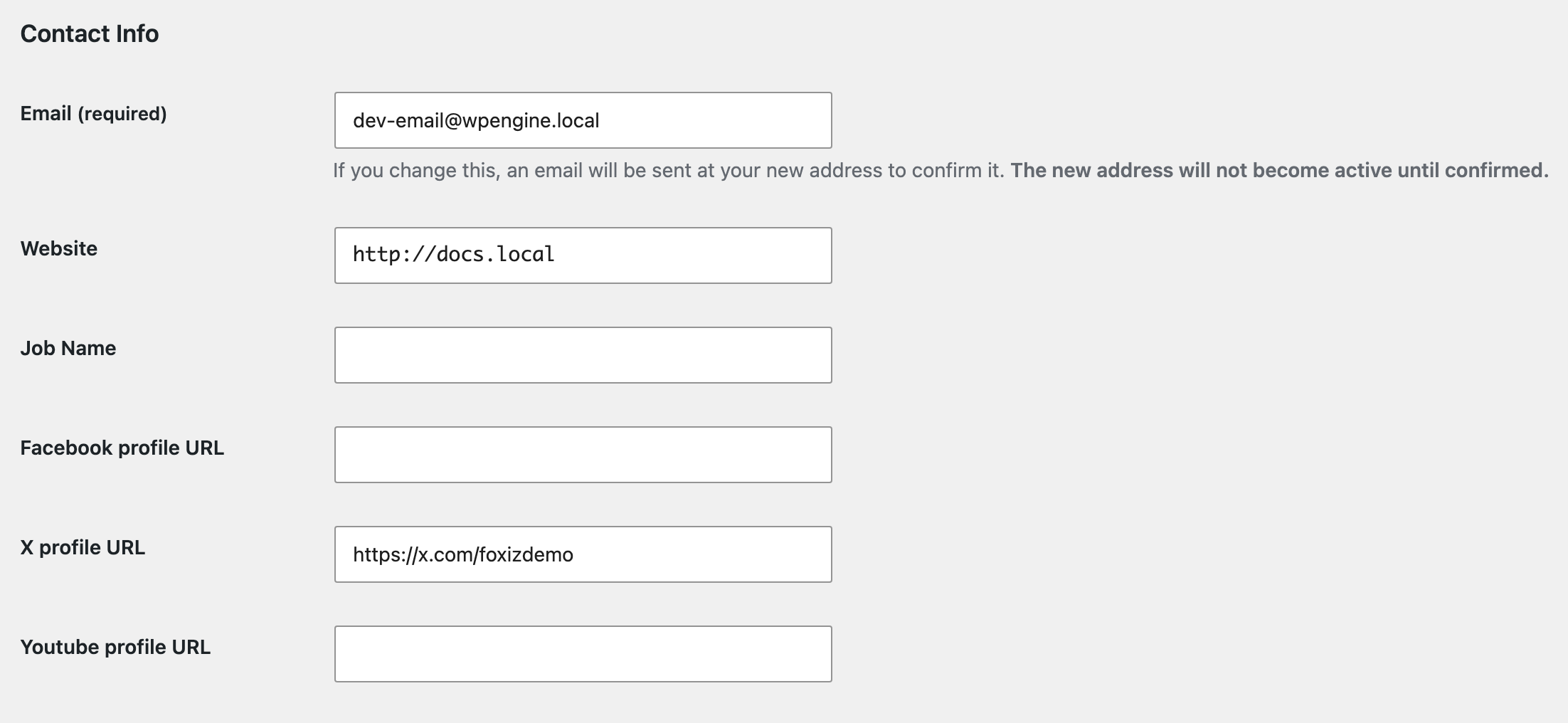 The Contact Info section of your own profile: Email, Website, Job Name, Facebook profile URL, X profile URL filled with https://x.com/foxizdemo, and Youtube profile URL