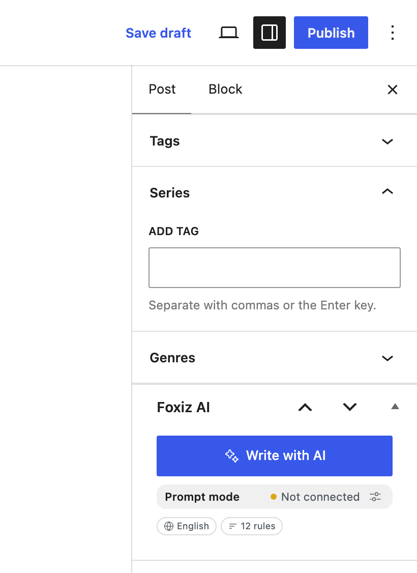 The Foxiz AI box in Prompt mode: Write with AI, Prompt mode with an amber Not connected dot, and the English and 12 rules badges, with no AI model badge
