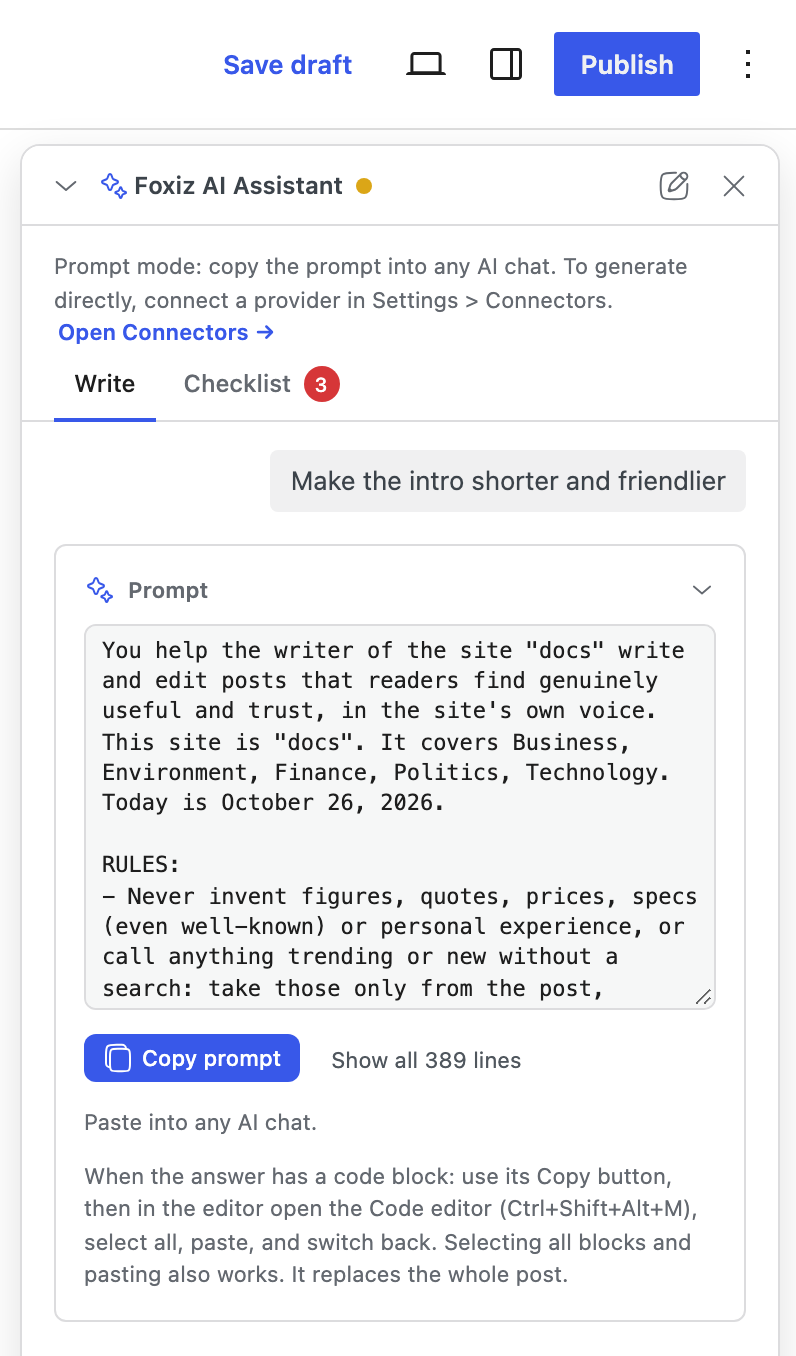 The assistant in Prompt mode: the Prompt mode note with Open Connectors, the request Make the intro shorter and friendlier, and its Prompt card with Copy prompt, Show all 389 lines and the instructions for pasting through the Code editor