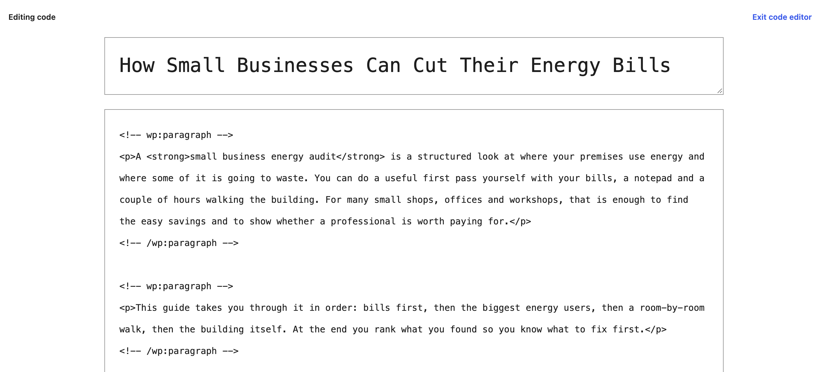 The block editor's Code editor: Editing code, Exit code editor, the title field and the post as block markup, where the answer is pasted over the whole post