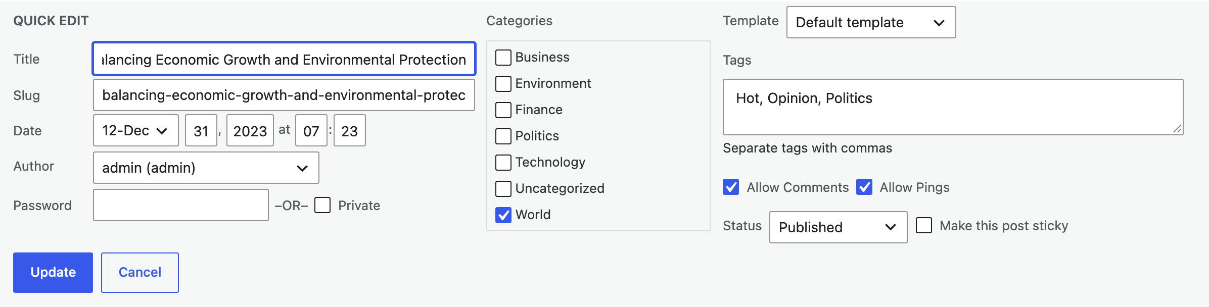 The Quick Edit row for a post, with the Allow Comments checkbox beside Allow Pings
