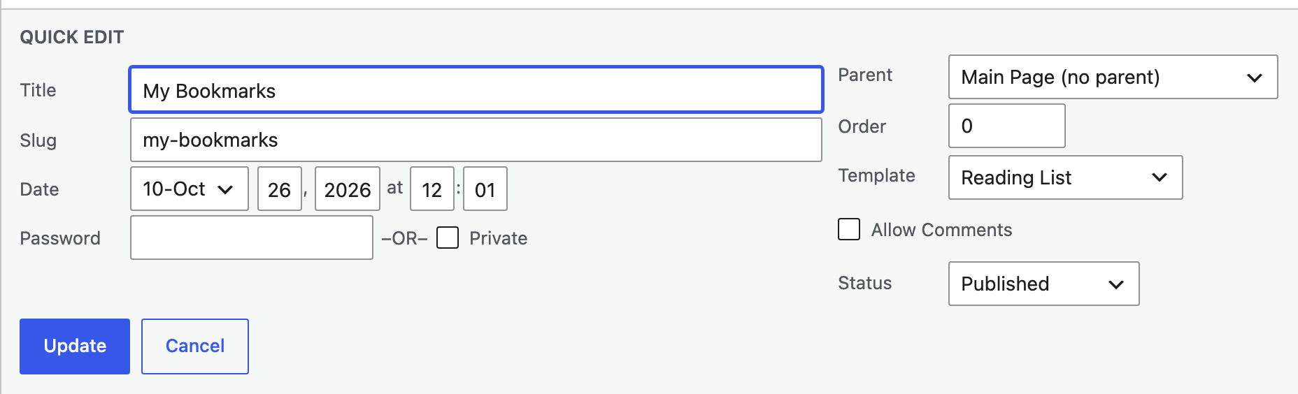 Quick Edit on the My Bookmarks page, with the Template select set to Reading List