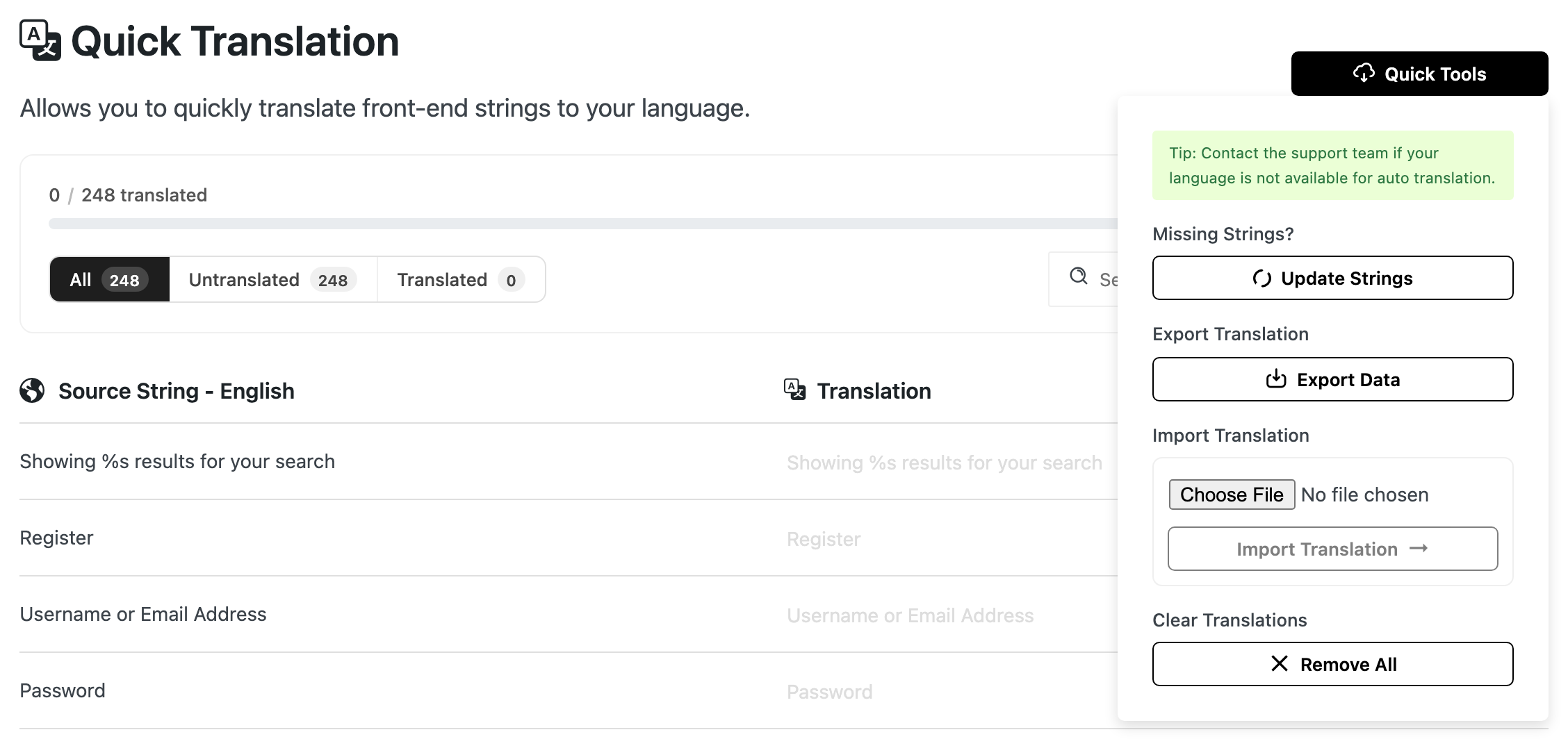 The Quick Tools menu on the Quick Translation screen: Update Strings, Export Data, Import Translation and Remove All