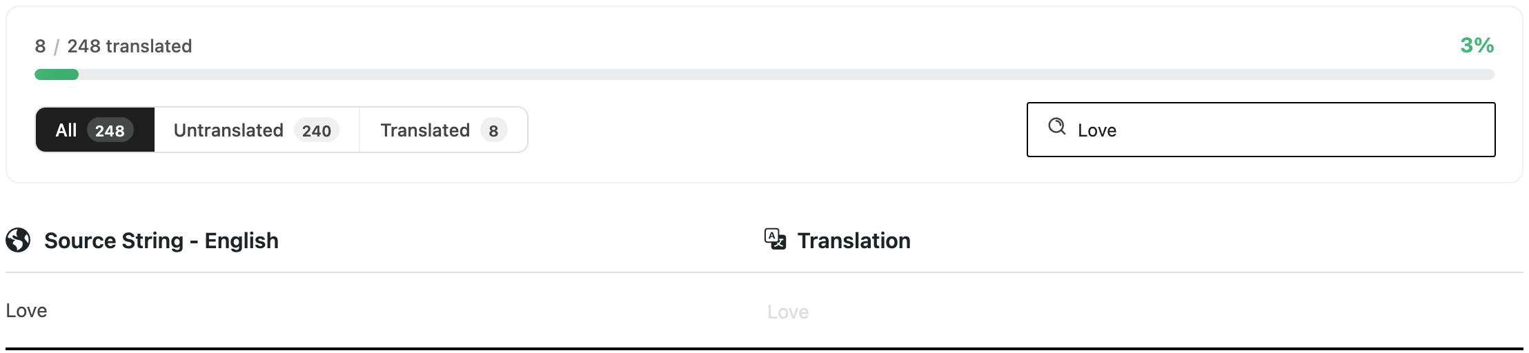 Quick Translation filtered by the search term Love: one row, Love, with an empty translation field