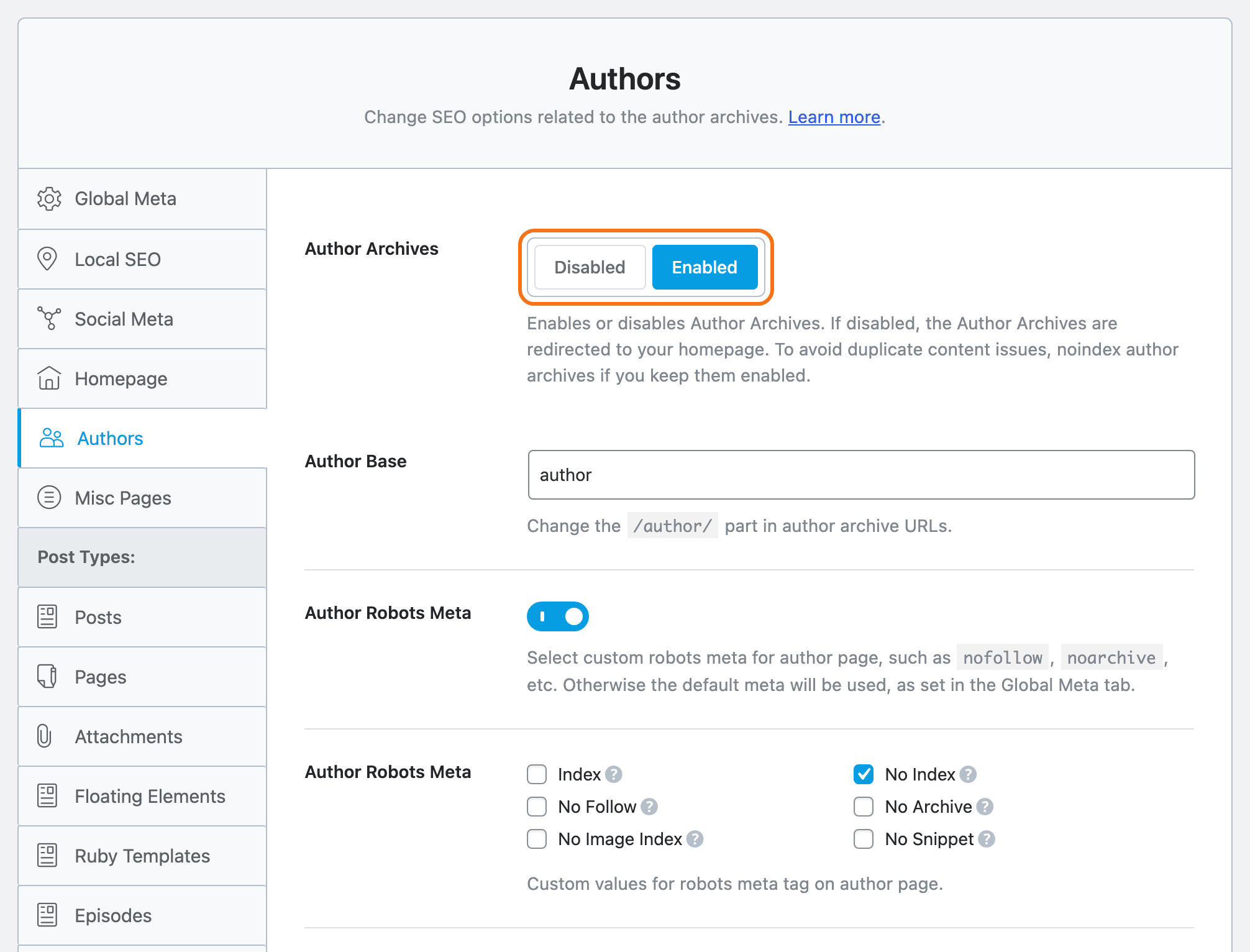 Rank Math SEO > Titles & Meta > Authors, with Author Archives set to Enabled, outlined in orange.