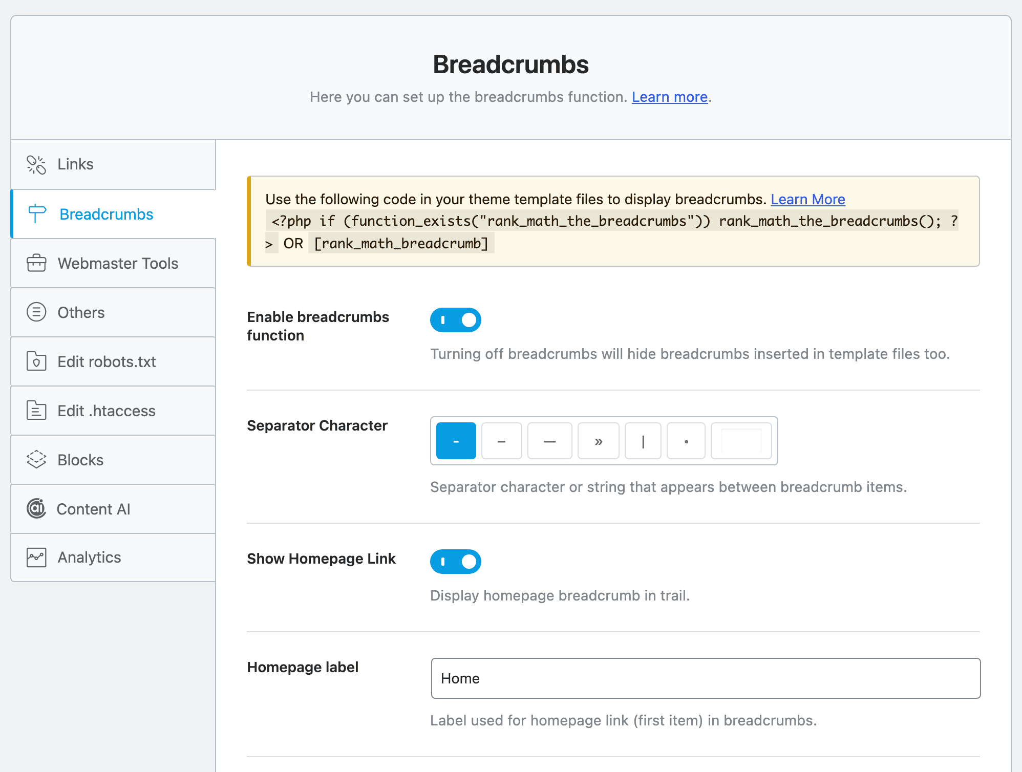 Rank Math SEO > General Settings, Breadcrumbs tab, with Enable breadcrumbs function switched on and the fields below it