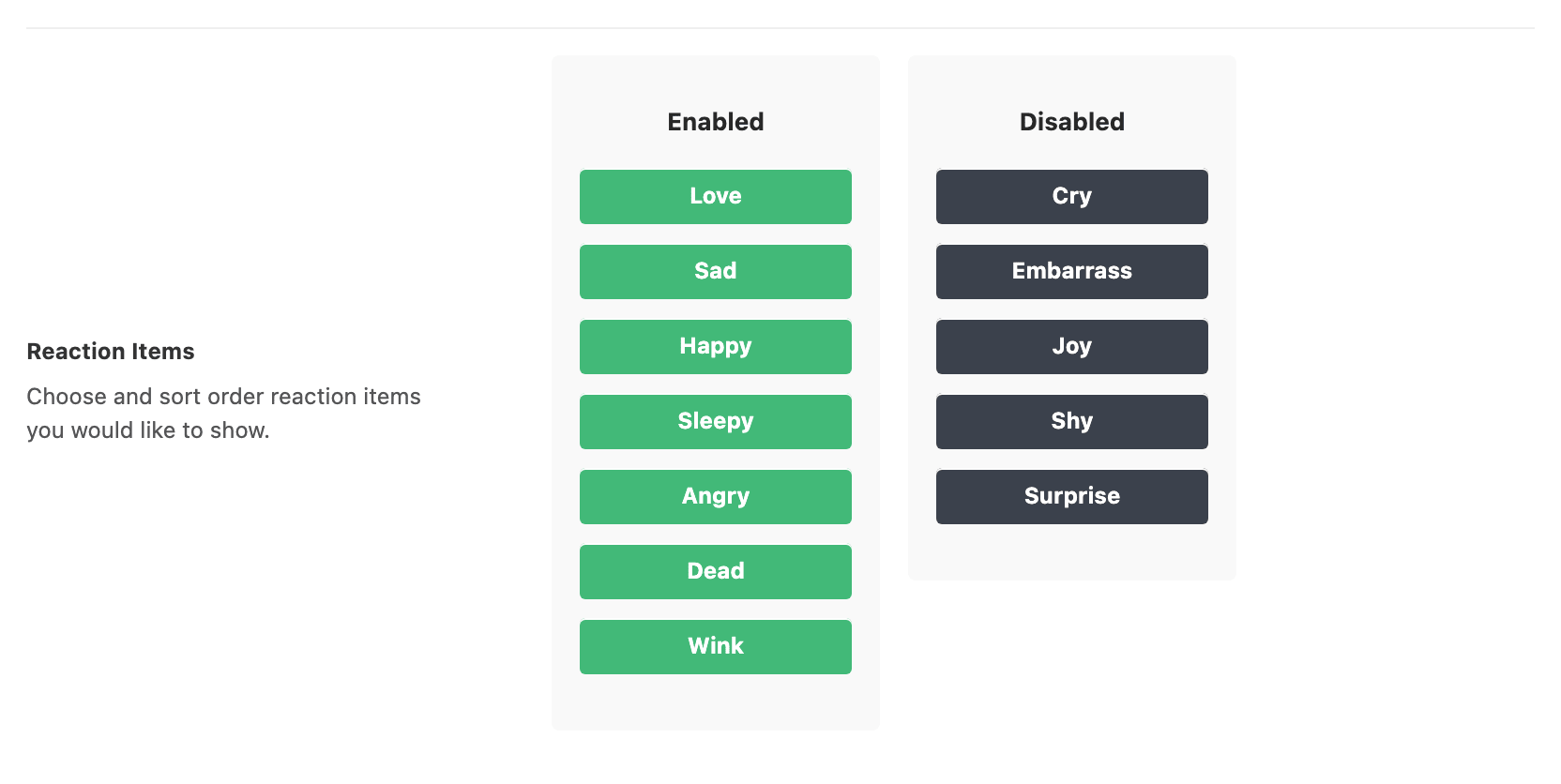 The Reaction Items control: seven faces in the enabled list and five in the disabled list, dragged between the two