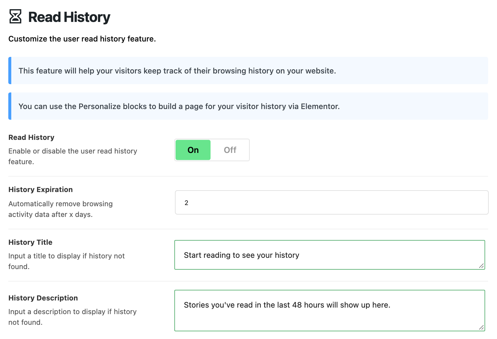 The Read History subsection of Theme Options > Personalized System, with Read History on, History Expiration at 2, and History Title and History Description at their defaults