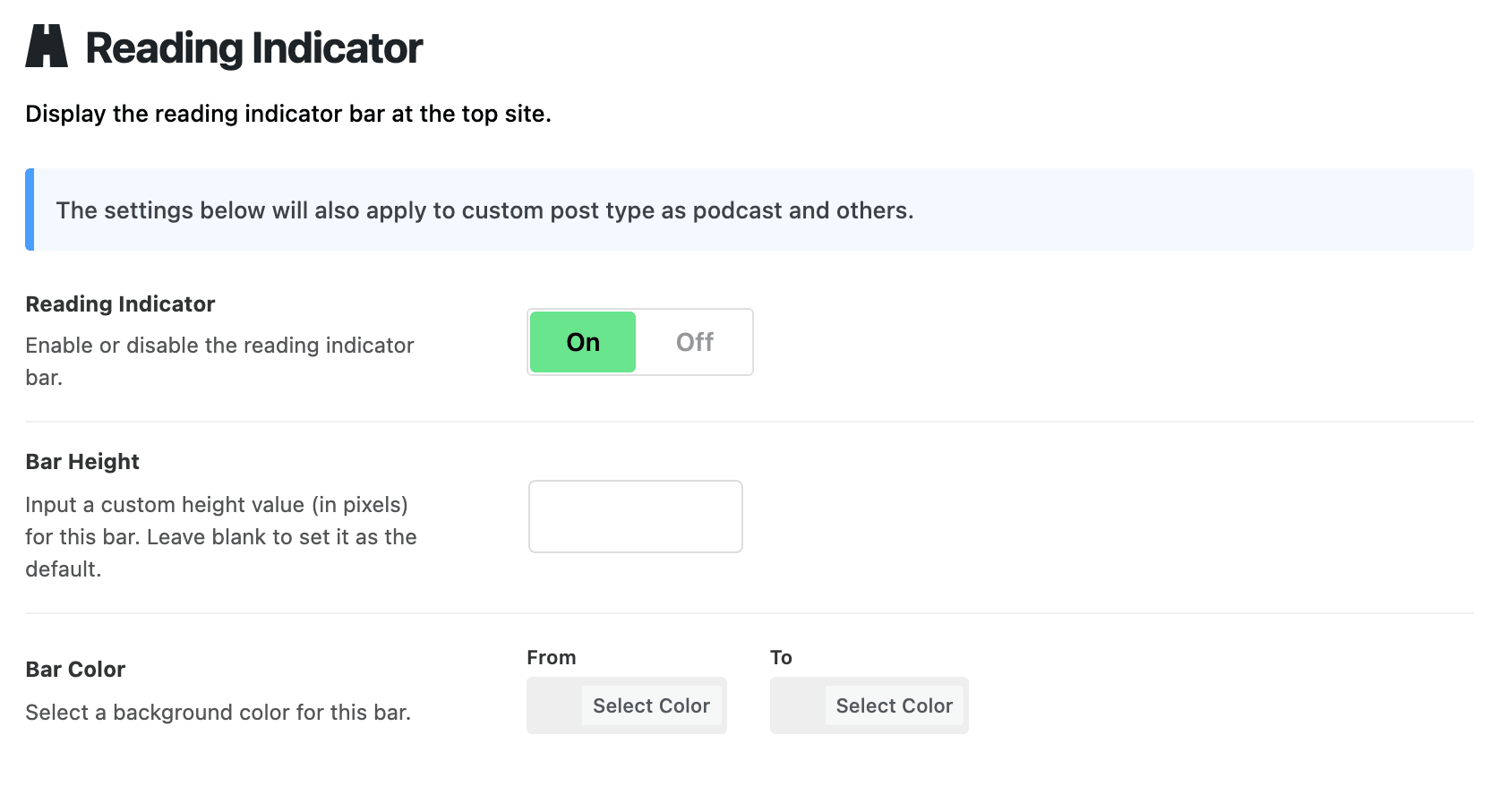Theme Options > Single Post > Reading Indicator: the notice about other post types, Reading Indicator on, Bar Height empty and both Bar Color boxes empty