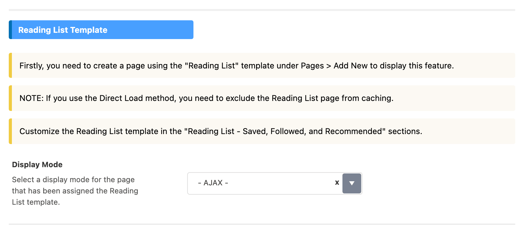 The Reading List Template group of Personalized System > Global, with the Display Mode select