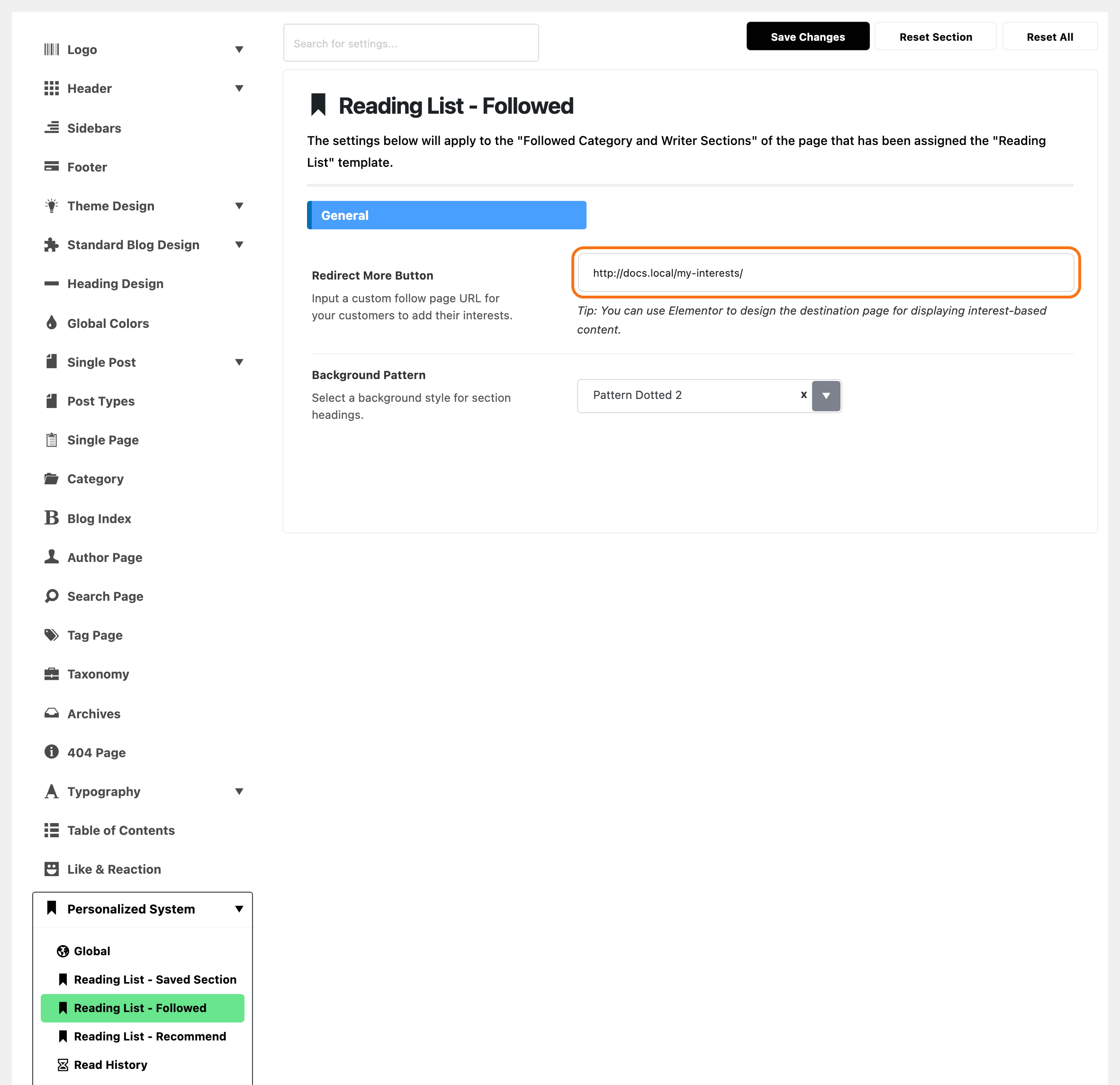 Theme Options with Personalized System > Reading List - Followed highlighted in the section list, beside its General group: Redirect More Button holding a URL ending in /my-interests/, outlined in orange.