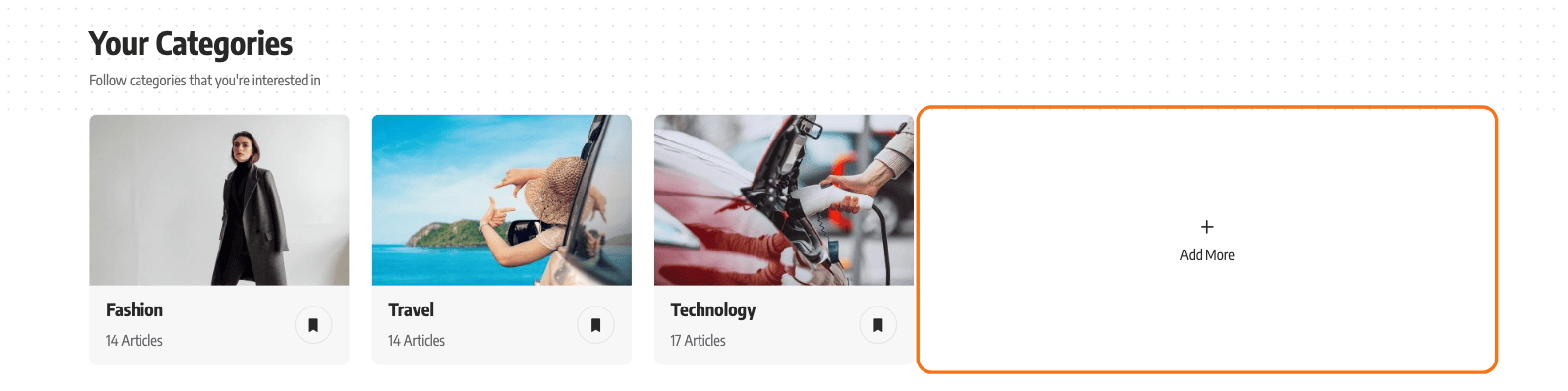 The Your Categories section of the Reading List template: three followed categories, Fashion, Travel and Technology, then the Add More tile outlined in orange