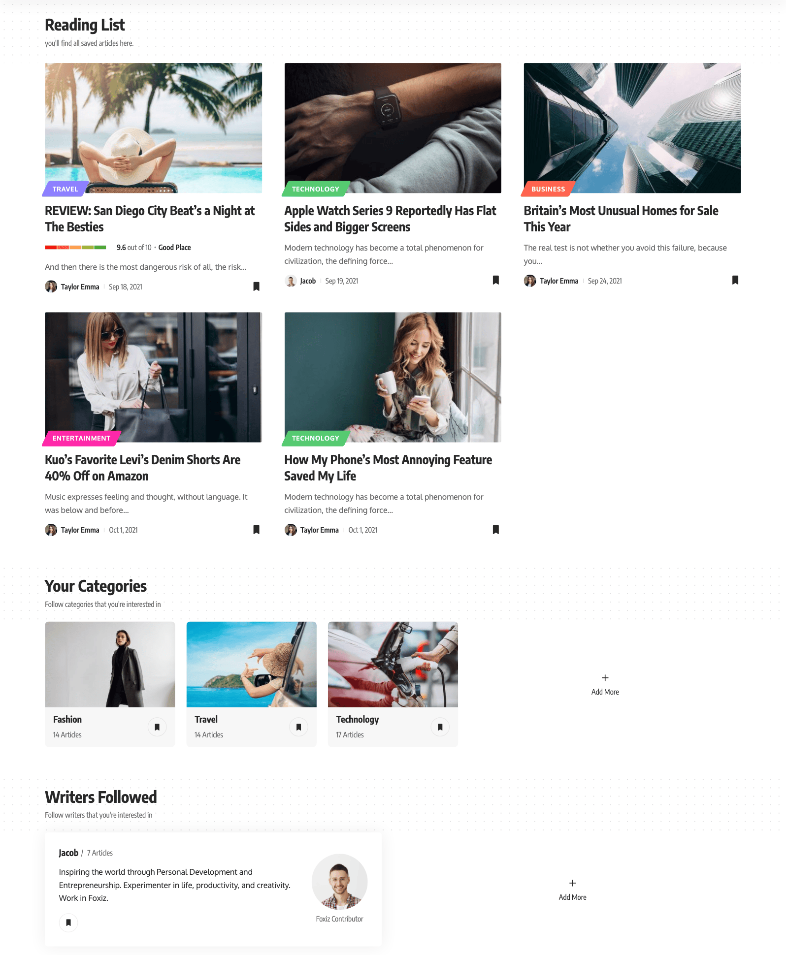 The Reading List template on the Default demo: a Reading List header band, then three columns of saved posts with filled bookmark icons, then Your Categories with three followed categories and an Add More tile, then Writers Followed with one writer and an Add More tile