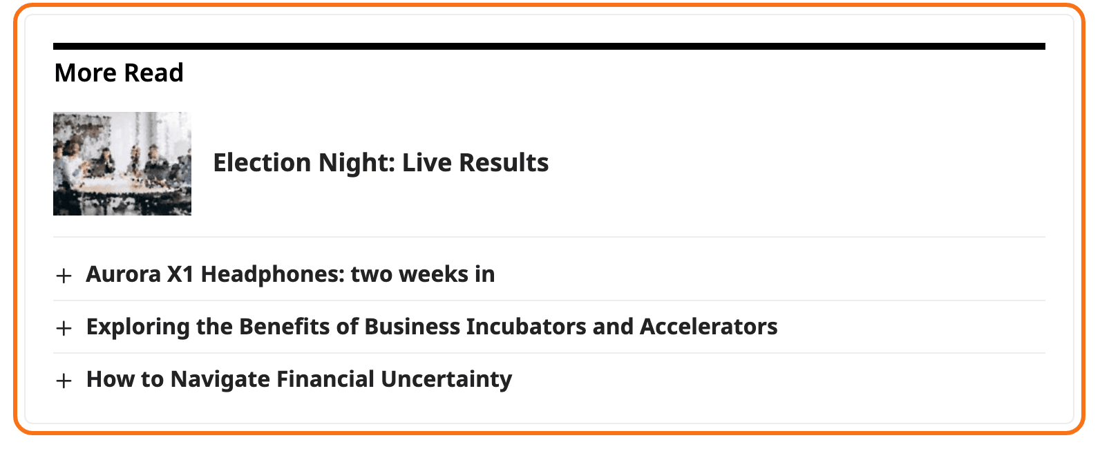 A related box with layout="1" on a post, outlined in orange: the heading More Read above the first post with a small thumbnail, the other three as title links.
